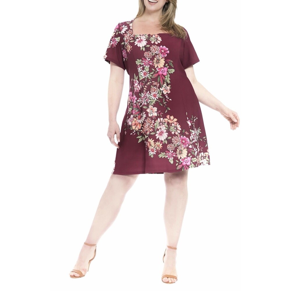 London Times New Women Plus Size Square Neck Floral Plum Fit and Flare Dress 14W
